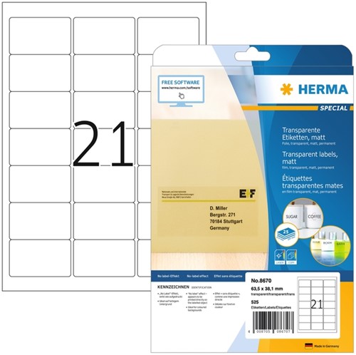 ETIKET HERMA 8670 A4 63.5X38.1MM FOLIE TRANSPARANT MAT 525 STUKS