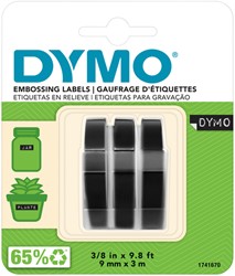 RELIËFTAPE DYMO EMBOSSING PLASTIC 9MM ZWART OP WIT 3 STUKS