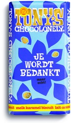CHOCOLADE TONY'S CHOCOLONELY JE WORDT BEDANKT REEP MELK KARAMEL BISCUIT 180GR