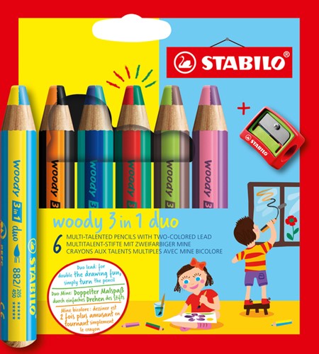KLEURPOTLODEN STABILO 882 WOODY 3 IN 1 DUO PUNTENSLIJPER ASS 6ST