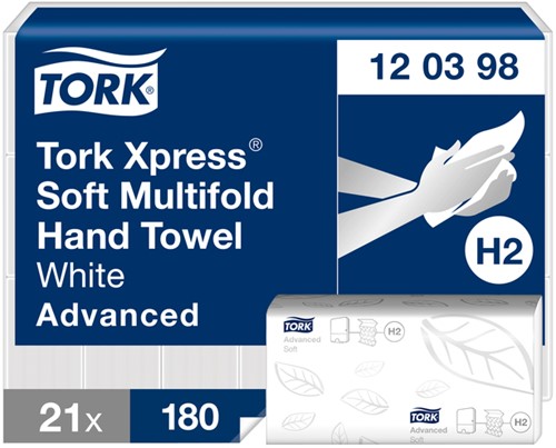 HANDDOEK TORK H2 XPRESS ADVANCED MULTIFOLD 2-LAAGS 212X255MM 21X180 VEL WIT 120398