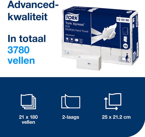 HANDDOEK TORK H2 XPRESS ADVANCED MULTIFOLD 2-LAAGS 212X255MM 21X180 VEL WIT 120398-2