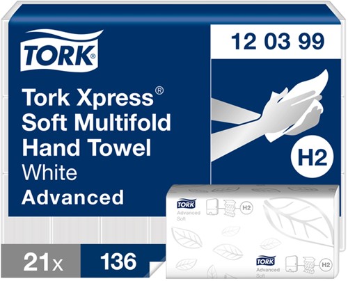 HANDDOEK TORK H2 XPRESS ADVANCED MULTIFOLD 2-LAAGS 212X340MM 21X136 VEL WIT 120399