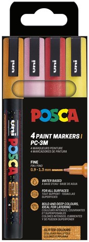 PAINTMARKER UNI POSCA PC3M FIJN GLITTER WARM ASSORTI SET À 4 STUKS