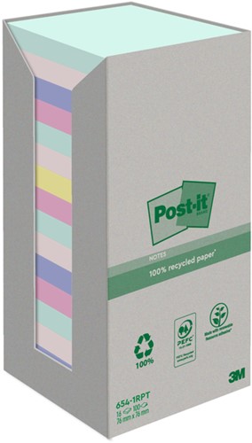 MEMOBLOK POST-IT 654-RTP 76X76MM RECYCLED RAINBOW PASTEL 16 STUKS