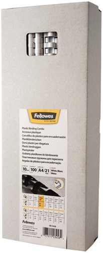BINDRUG FELLOWES 10MM 21RINGS A4 WIT 100 STUKS