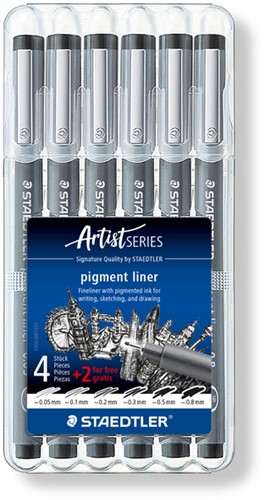 FINELINER STAEDTLER PIGMENT 308 ZWART SET 4+2 GRATIS
