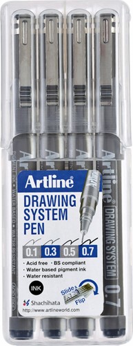 FINELINER ARTLINE TECHNISCH ETUI MET 0.1-0.3-0.5-0.7MM ZWART