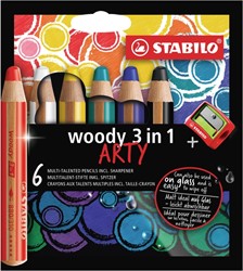 KLEURPOTLODEN STABILO 880 WOODY 3 IN 1 ARTY INCL PUNTENSLIJPER ASS 6ST