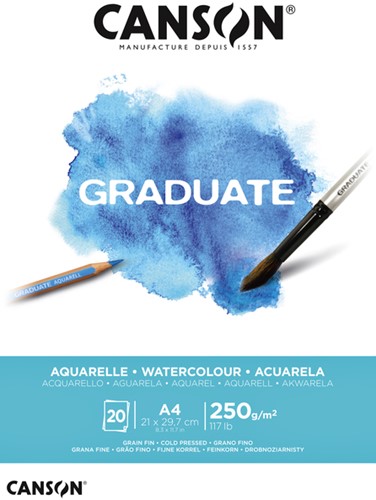 AQUARELPAPIER CANSON GRADUATE WATERCOLOUR 20VEL 250GR A4 NATUURLIJK WIT