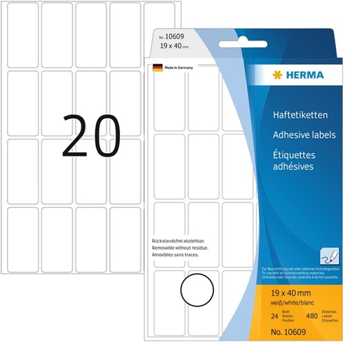 ETIKET HERMA 10609 19X40MM VERWIJDERBAAR WIT 480 STUKS