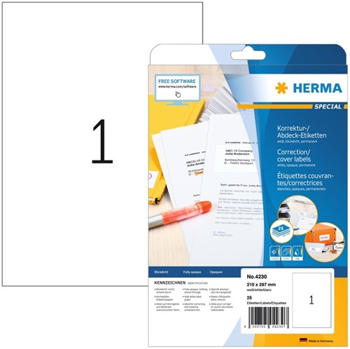 ETIKET HERMA 4230 210X297MM A4 CORRECTIE WIT 25 STUKS
