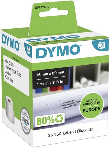ETIKET DYMO LABELWRITER ADRESSERING 36X89MM 2 ROLLEN Á 260 STUKS WIT