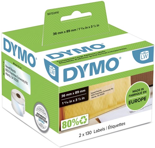 ETIKET DYMO LABELWRITER ADRESSERING 36X89MM 2 ROLLEN Á 130 STUKS TRANSPARANT
