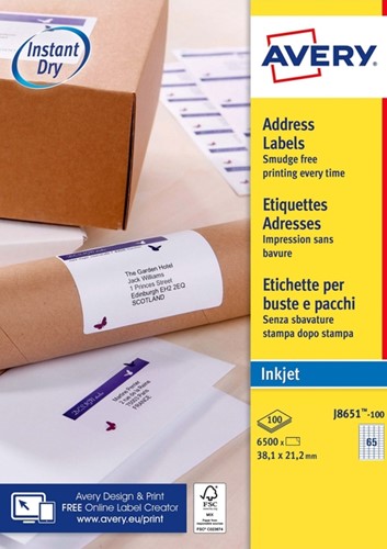 ETIKET AVERY J8651-100 38.1X21.2MM WIT 6500 STUKS
