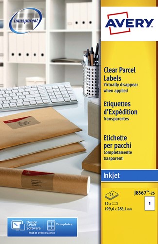 ETIKET AVERY J8567-25 210X297MM A4 TRANSPARANT 25 STUKS