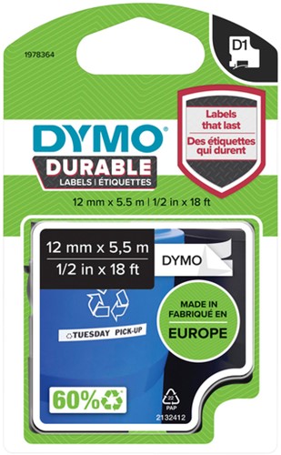 LABELTAPE DYMO LABELMANAGER D1 POLYESTER 12MM DUURZAAM ZWART OP WIT