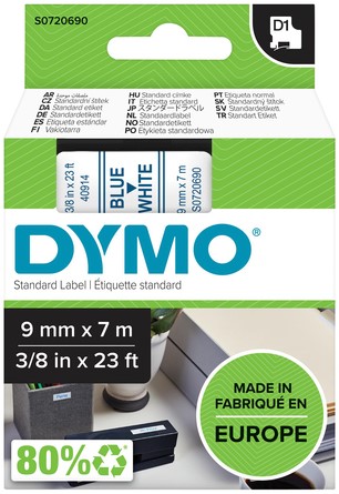 LABELTAPE DYMO LABELMANAGER D1 POLYESTER 9MM BLAUW OP WIT