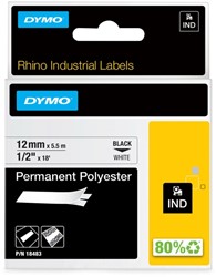 LABELTAPE DYMO RHINO INDUSTRIEEL POLYESTER 12MM ZWART OP WIT