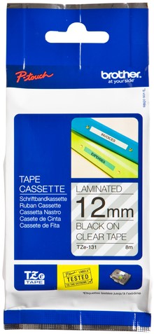 LABELTAPE BROTHER P-TOUCH TZE-131 STANDAARD 12MM ZWART OP TRANSPARANT