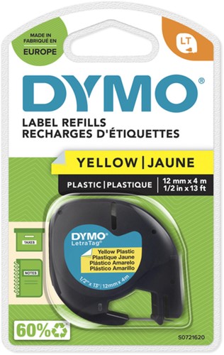 LABELTAPE DYMO LETRATAG PLASTIC 12MM ZWART OP GEEL