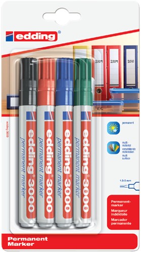 VILTSTIFT EDDING 3000 ROND 1.5-3MM ASSORTI BLISTER À 4 STUKS