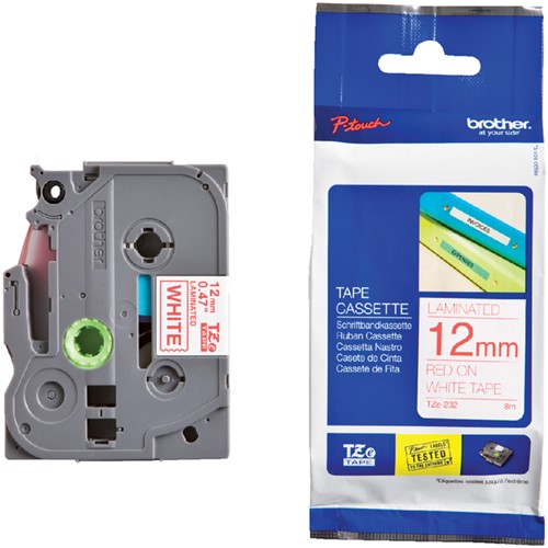 LABELTAPE BROTHER P-TOUCH TZE-232 STANDAARD 12MM ROOD OP WIT